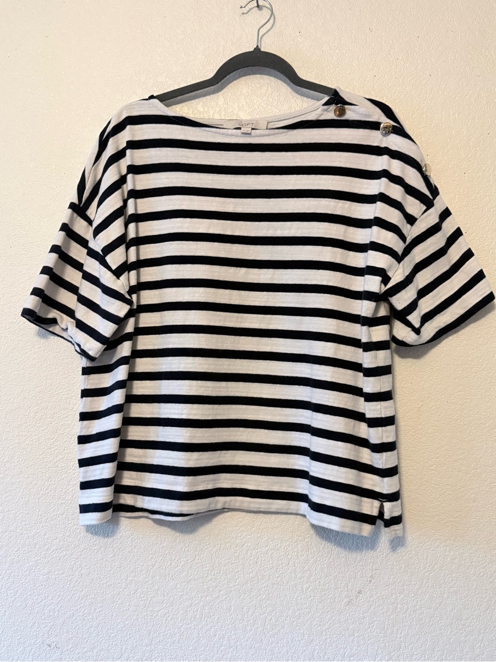 LOFT Black and White Striped Boatneck Short Sleeve Top with Shoulder Buttons 343